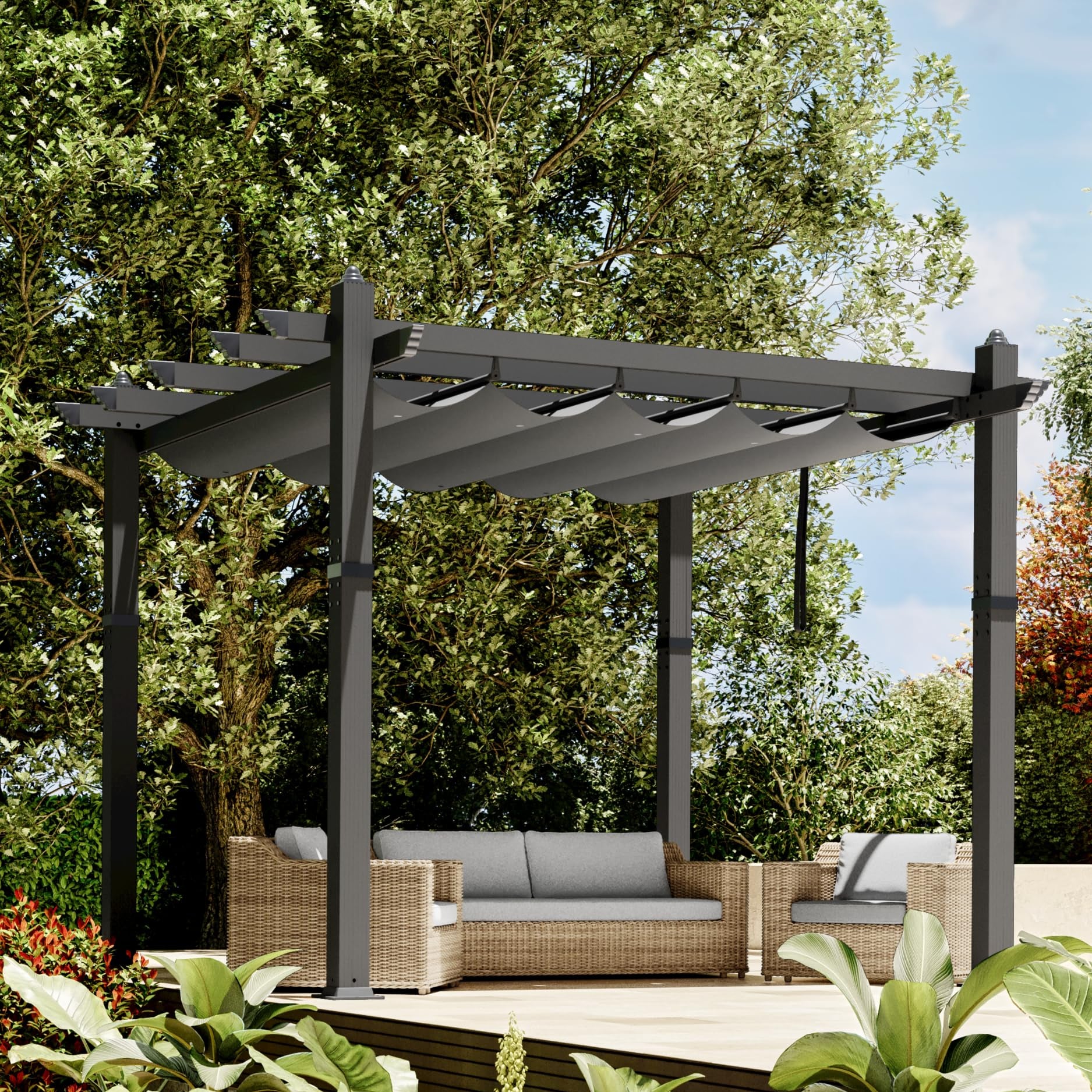 pergola tenten Garvee 10x10 Ft Pergola, Outdoor Metal Pergola with Retractable Canopy, Upgraded Wood-Grain Aluminum Pergola, Modern Pavilion for Backyard, Patio,