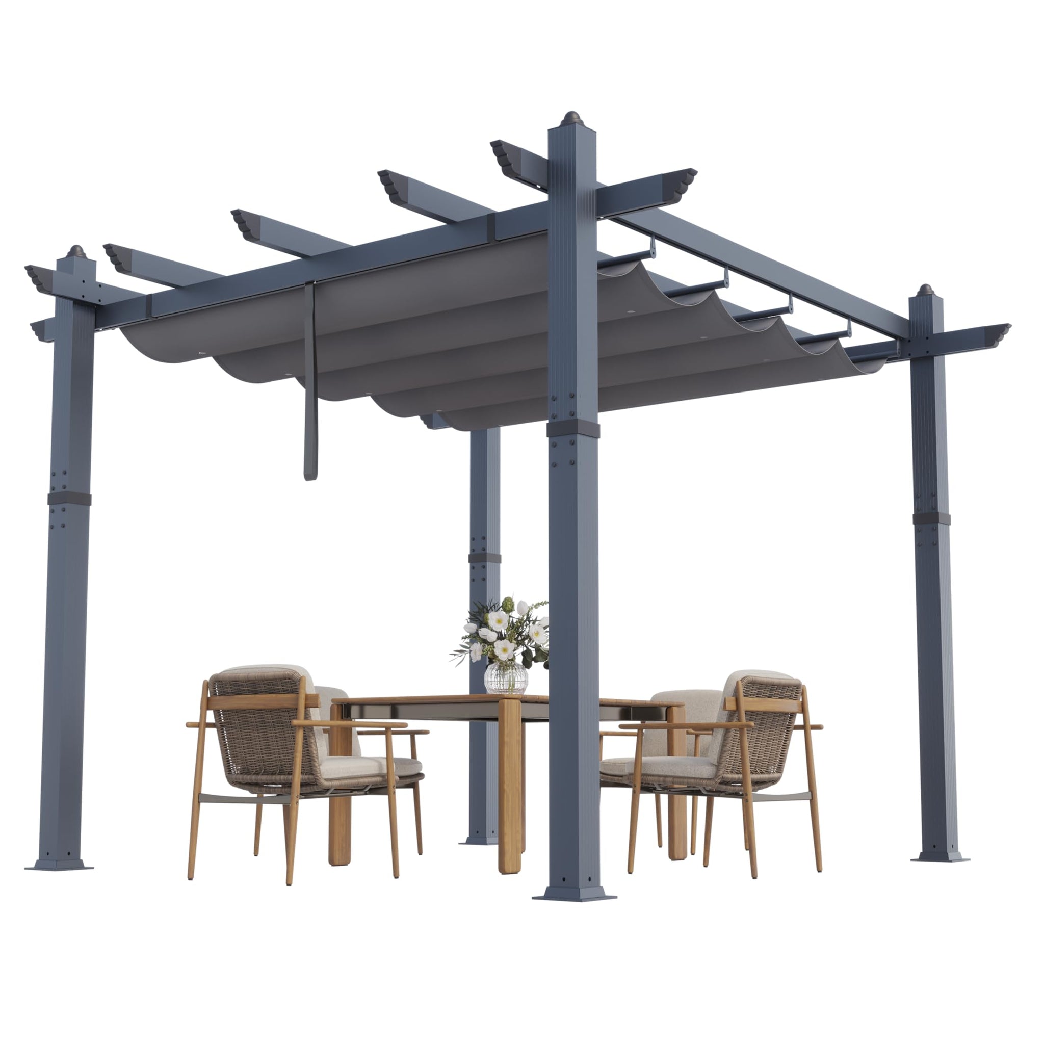 Garvee 10x10 Ft Pergola, Outdoor Metal Pergola with Retractable Canopy, Upgraded Wood-Grain Aluminum Pergola, Modern Pavilion for Backyard, Patio, Porch, Grape Trellis, Gray