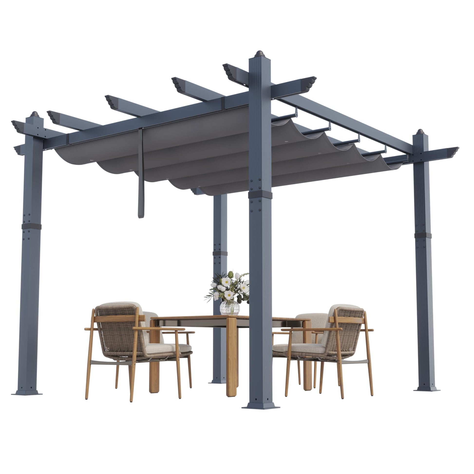 Garvee 10x10 Ft Pergola, Outdoor Metal Pergola with Retractable Canopy, Upgraded Wood-Grain Aluminum Pergola, Modern Pavilion for Backyard, Patio, Porch, Grape Trellis, Gray