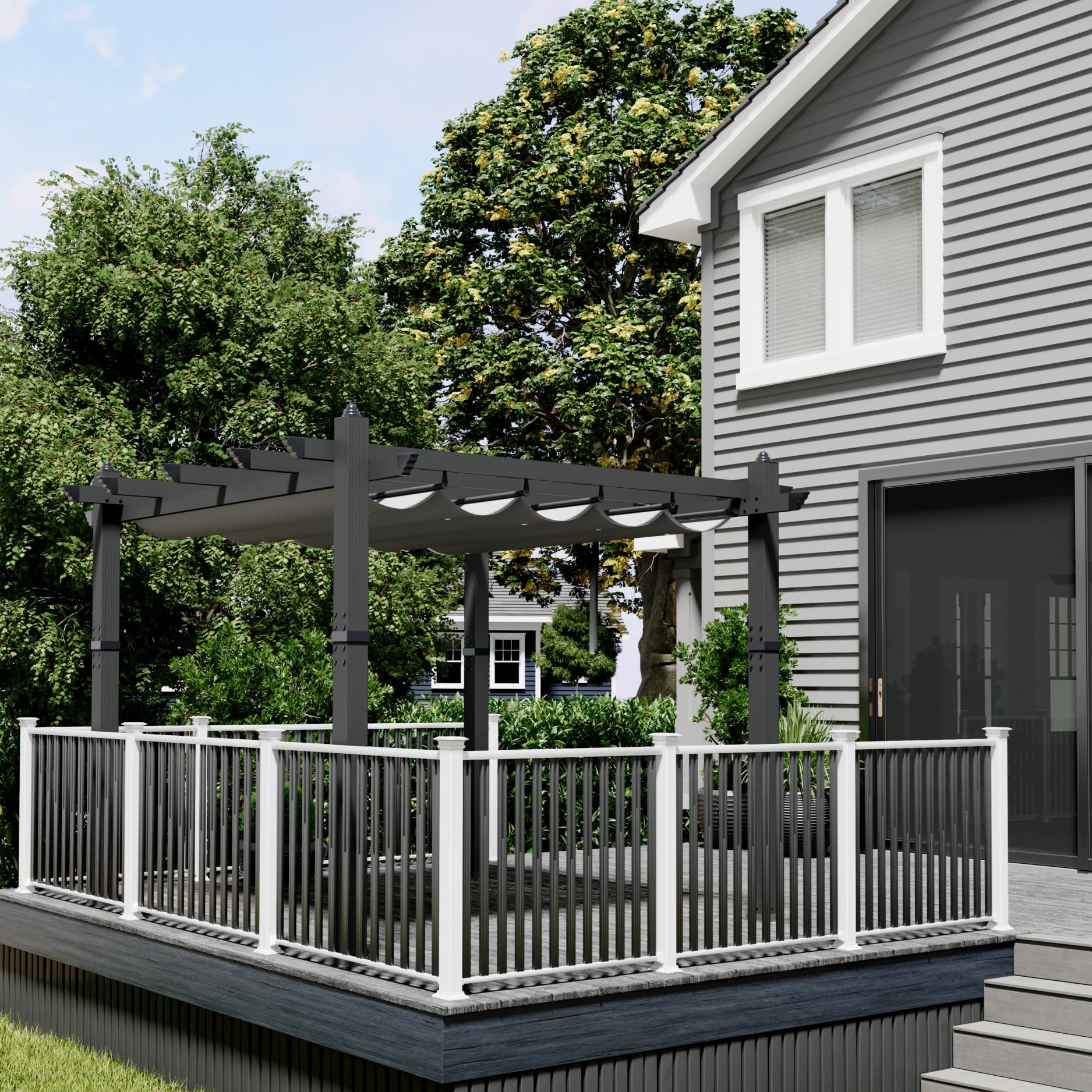 Garvee 10x10 Ft Pergola, Outdoor Metal Pergola with Retractable Canopy, Upgraded Wood-Grain Aluminum Pergola, Modern Pavilion for Backyard, Patio, Porch, Grape Trellis, Gray