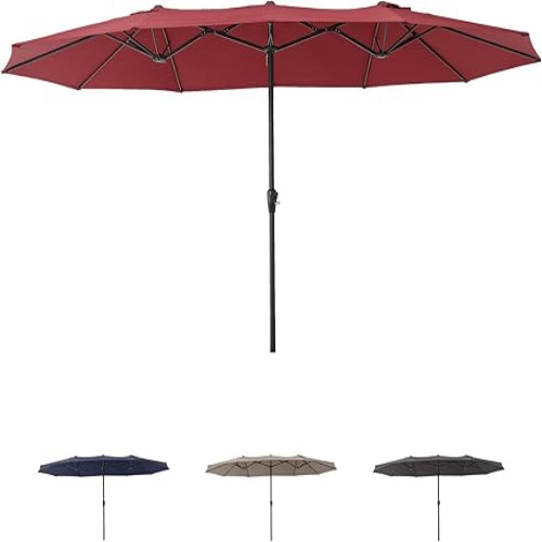 Garvee 15FT Double-Sided Patio Umbrella - Extra Large Outdoor Market Umbrella with Crank, 12-Rib Metal Frame & Air Vents for Backyard, Deck, Pool, Claret