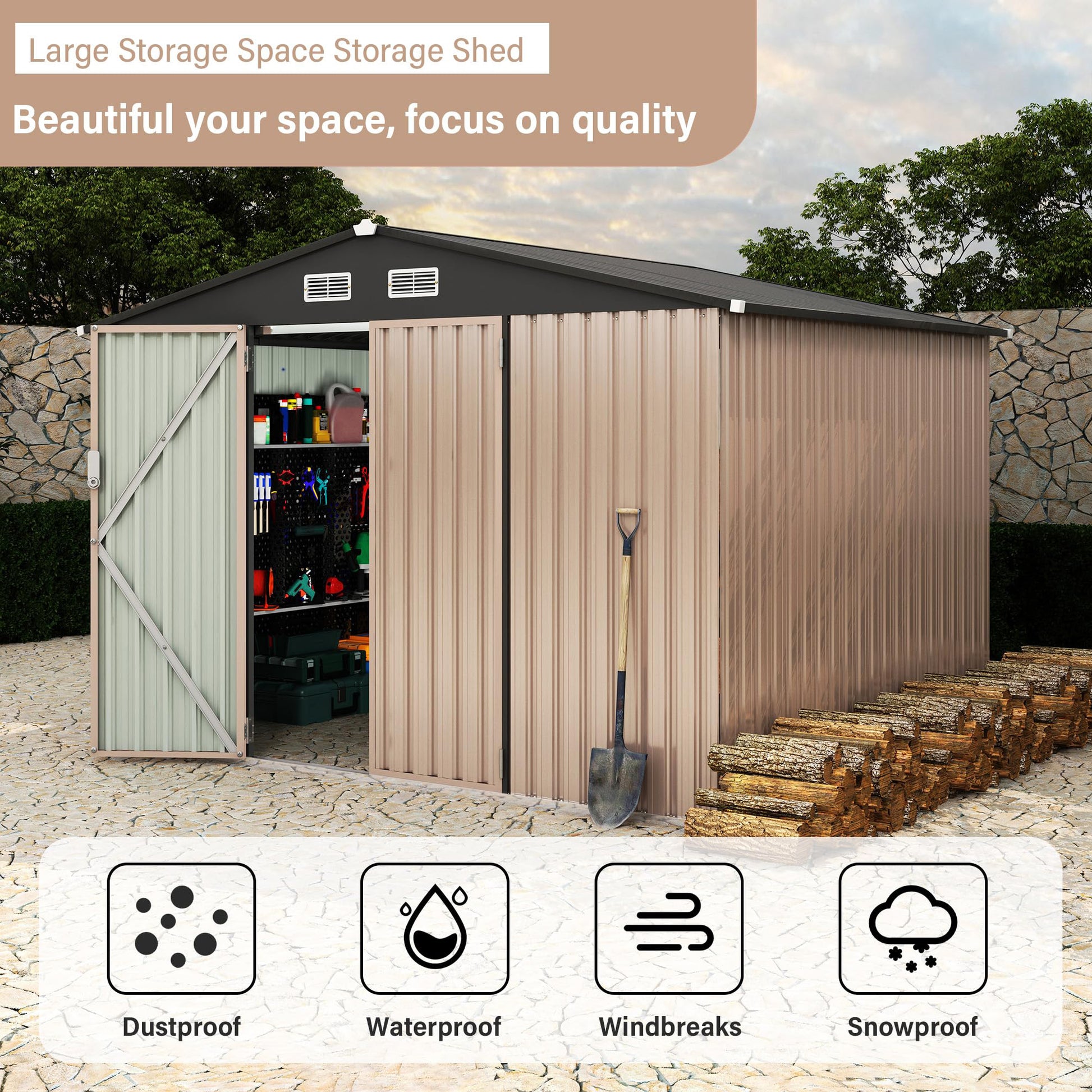 Garvee 6x8 FT Outdoor Storage Sheds, Metal Garden Tool Shed for Backyard, Large Metal Sheds Outdoor Storage with Lockable Doors & Air Vents for Backyard Garden Patio Lawn