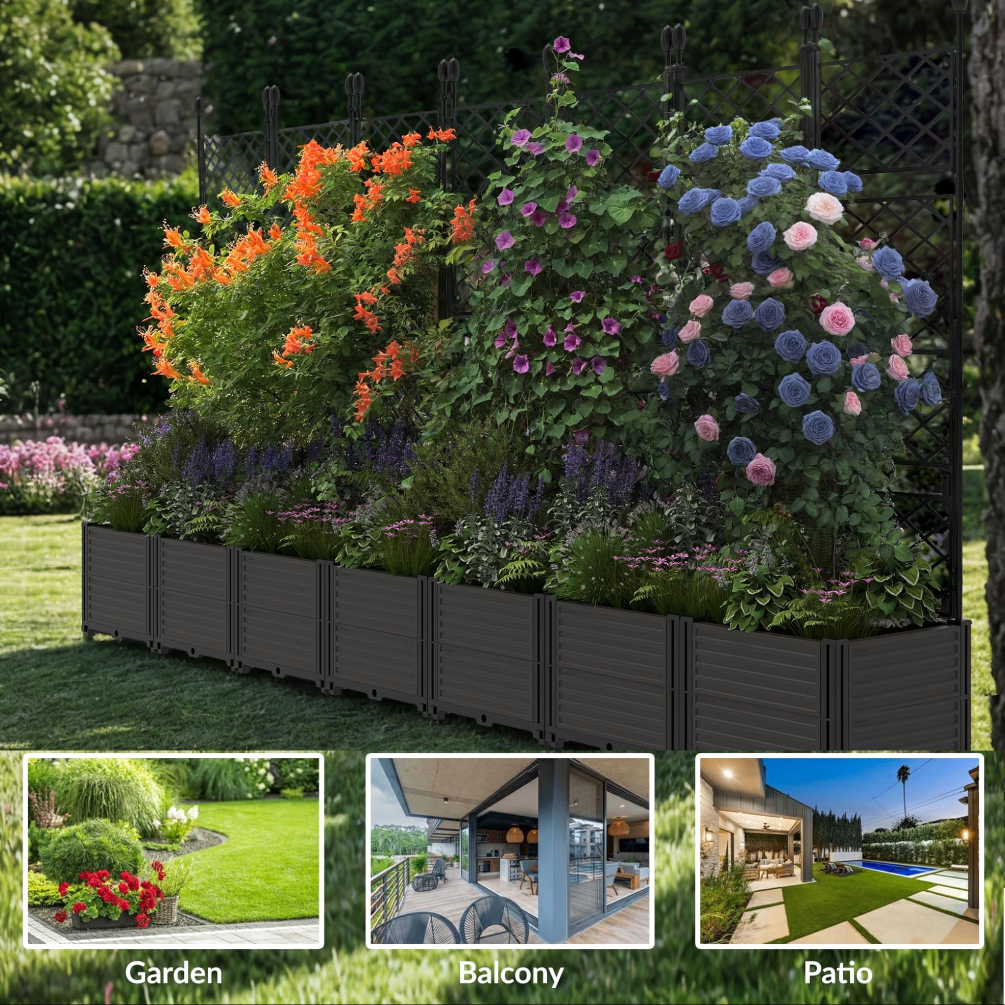 large plastic plant grow bed Garvee 7Pcs Plastic Plant Box with Metal Trellis for Outdoor Spaces