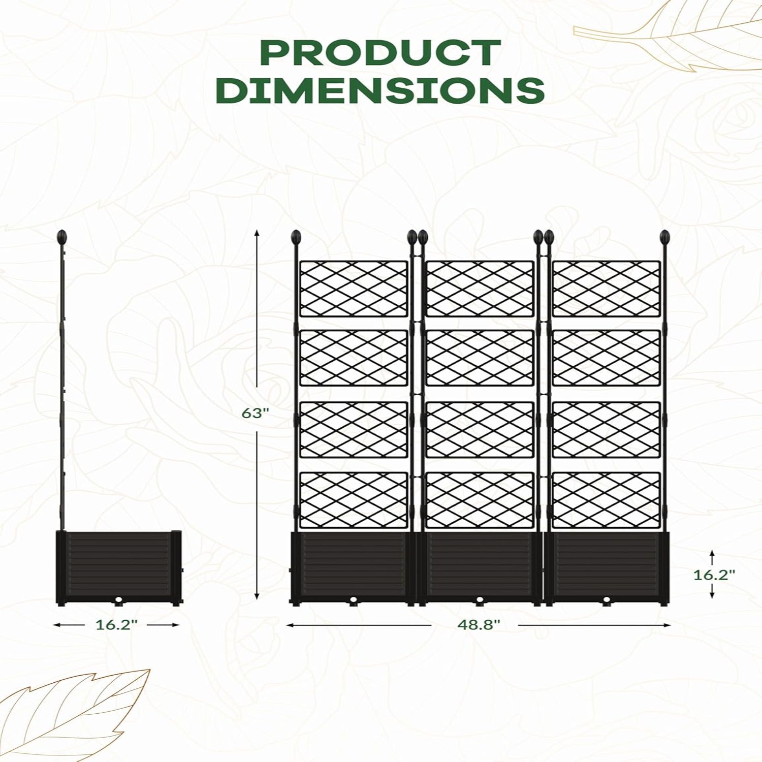 Garvee 3-Pack Plastic Planter Boxes w/Metal Trellis - Modular Privacy Screen & Raised Garden Bed for Balcony/Patio, Black