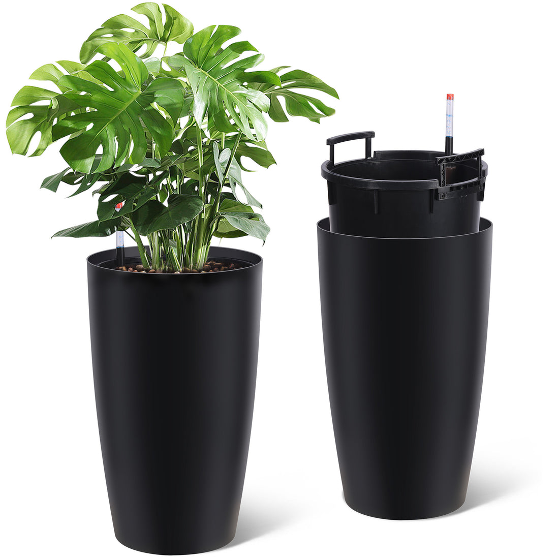 Garvee 22" Tall Round Planter Set of 2, Self Watering Pots for with Water Level Monitor and Built-In Drainage, Large Flower Pot for Patio, Porch, Living Room, or Home Office