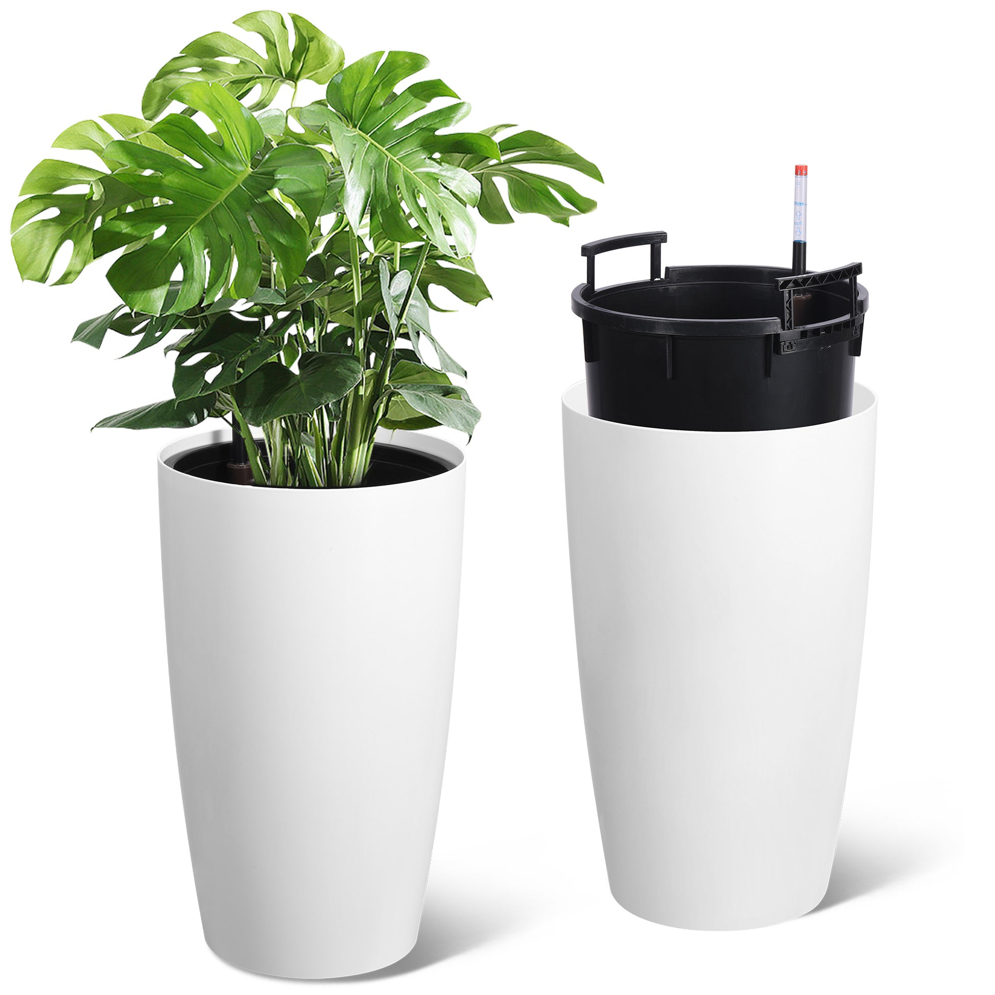 Garvee 22" Tall Round Planter Set of 2, Self Watering Pots for with Water Level Monitor and Built-In Drainage, Large Flower Pot for Patio, Porch, Living Room, or Home Office