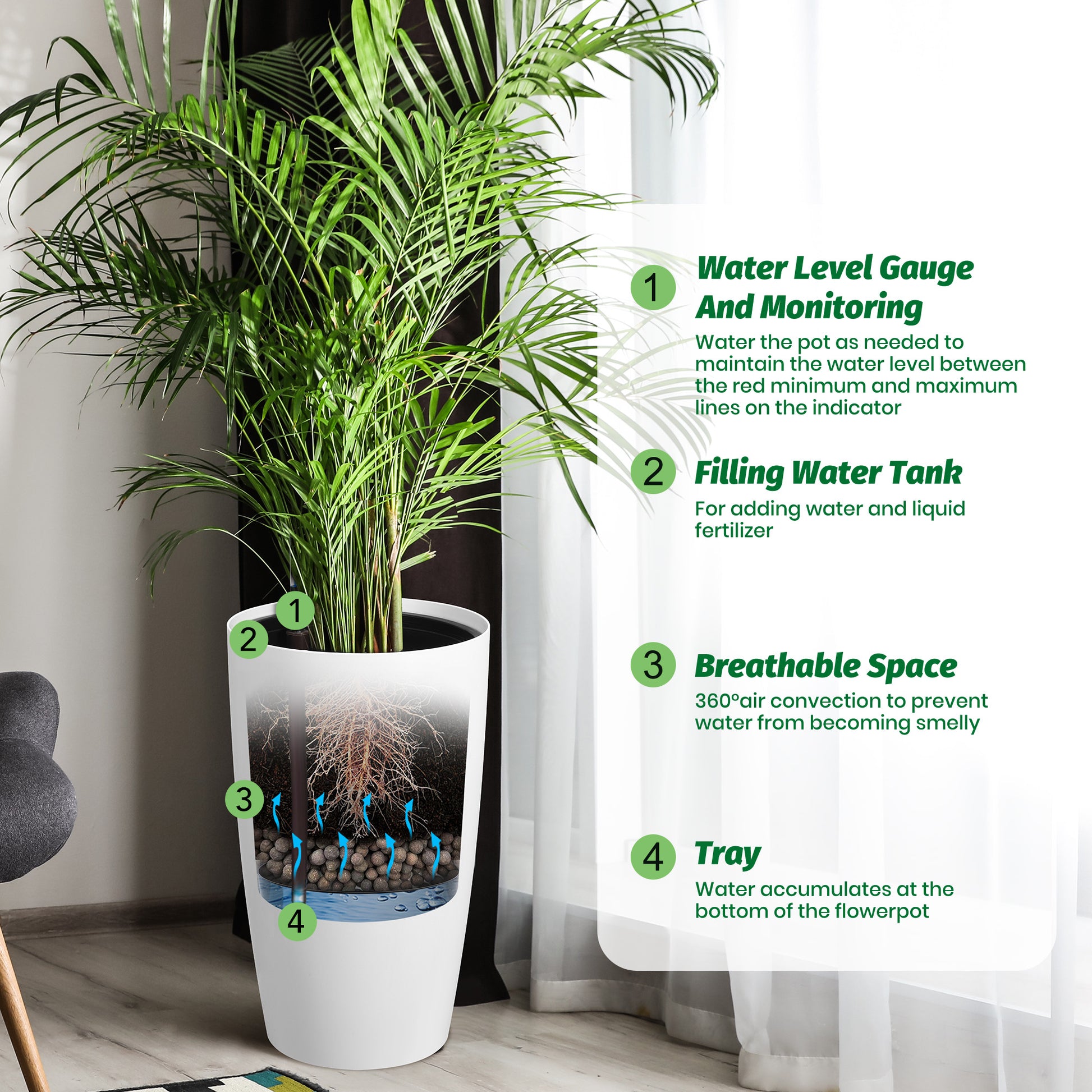 Garvee 22" Tall Round Planter Set of 2, Self Watering Pots for with Water Level Monitor and Built-In Drainage, Large Flower Pot for Patio, Porch, Living Room, or Home Office