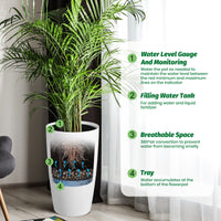 Garvee 22" Tall Round Planter Set of 2, Self Watering Pots for with Water Level Monitor and Built-In Drainage, Large Flower Pot for Patio, Porch, Living Room, or Home Office