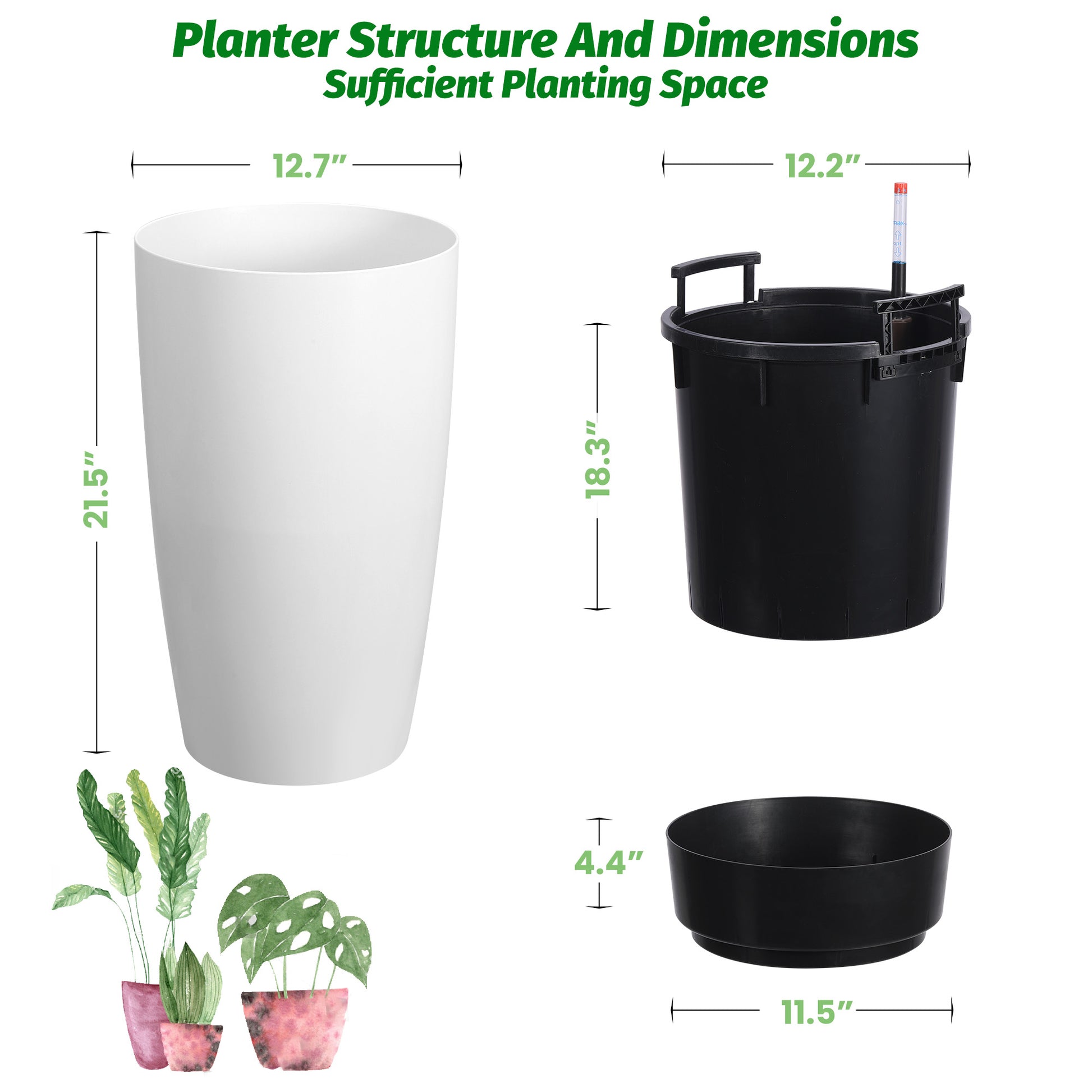 Garvee 22" Tall Round Planter Set of 2, Self Watering Pots for with Water Level Monitor and Built-In Drainage, Large Flower Pot for Patio, Porch, Living Room, or Home Office