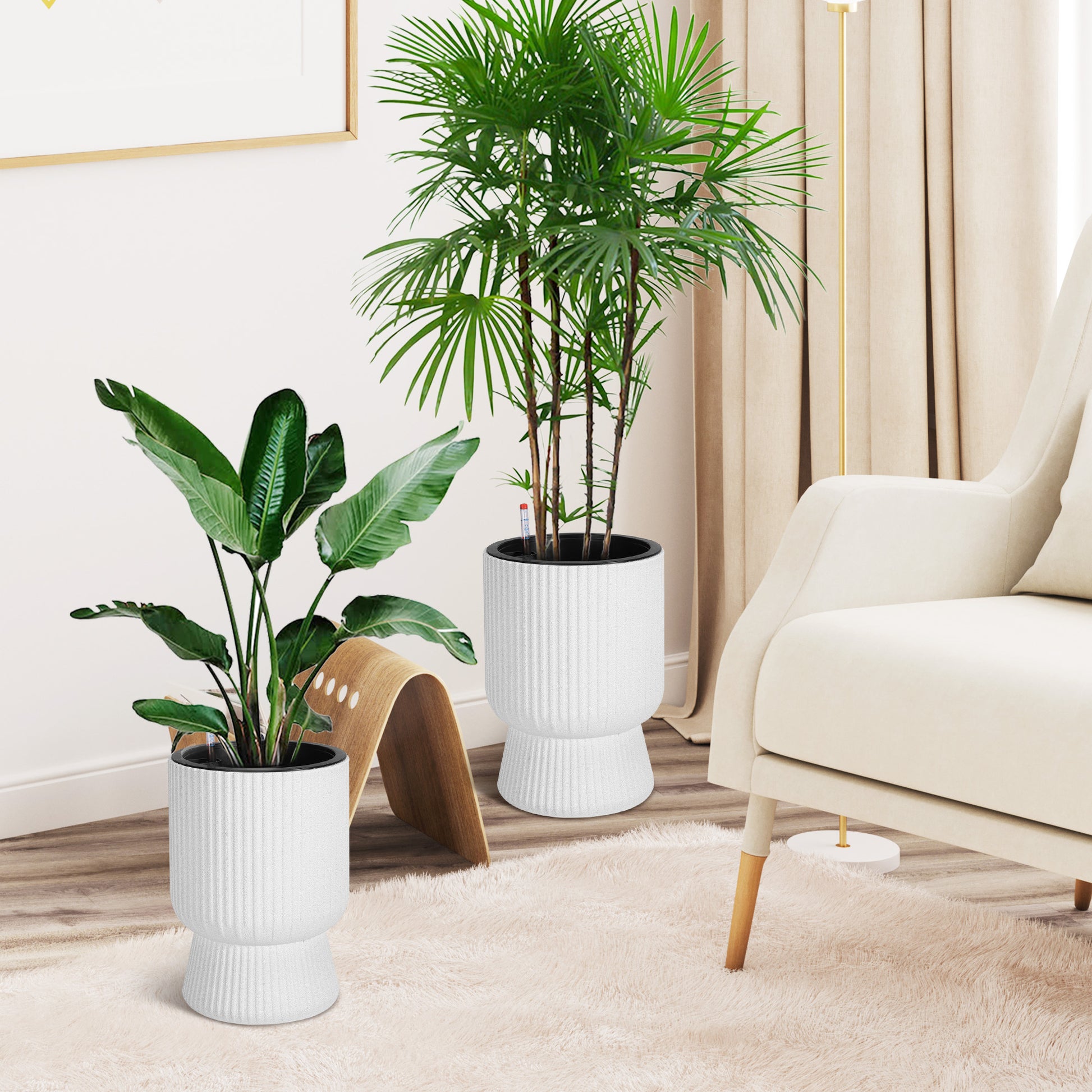 Garvee 14.2" Tall Planters Set of 2, Self Watering Plant Pots with Water Level Monitor and Built-In Drainage, for Patio, Porch, Living Room, or Home Office