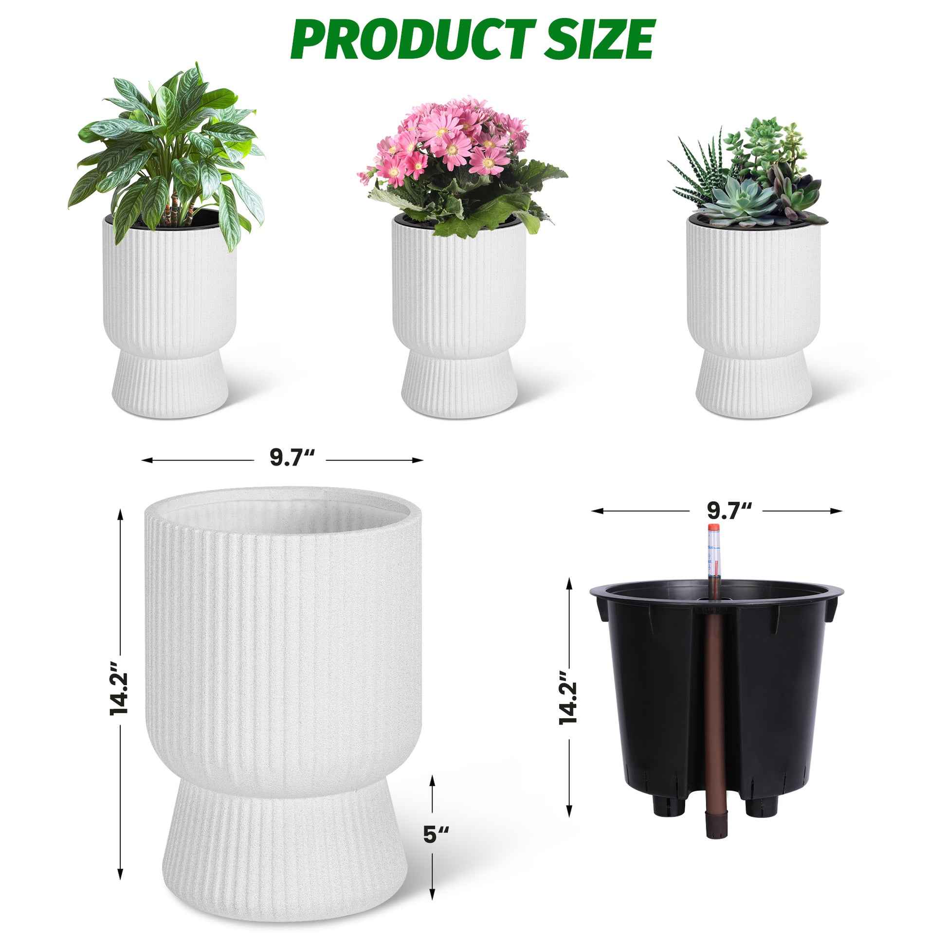 Garvee 14.2" Tall Planters Set of 2, Self Watering Plant Pots with Water Level Monitor and Built-In Drainage, for Patio, Porch, Living Room, or Home Office