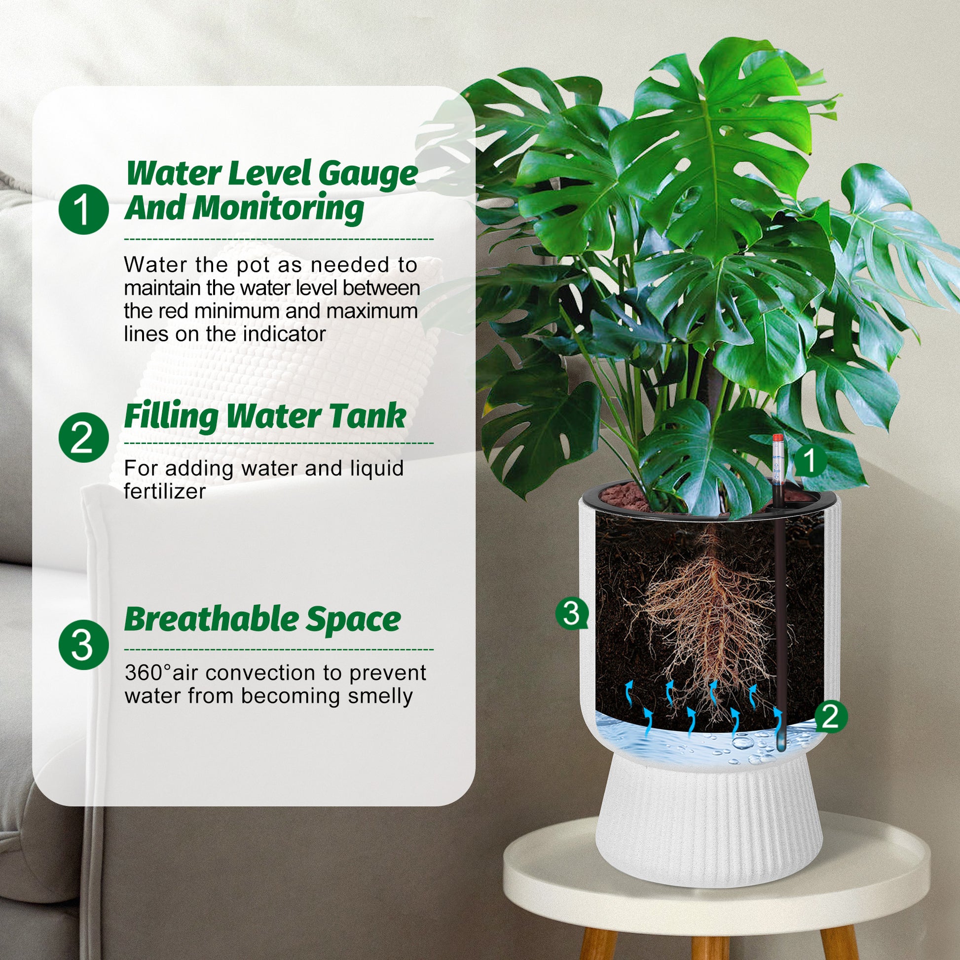 Garvee 14.2" Tall Planters Set of 2, Self Watering Plant Pots with Water Level Monitor and Built-In Drainage, for Patio, Porch, Living Room, or Home Office