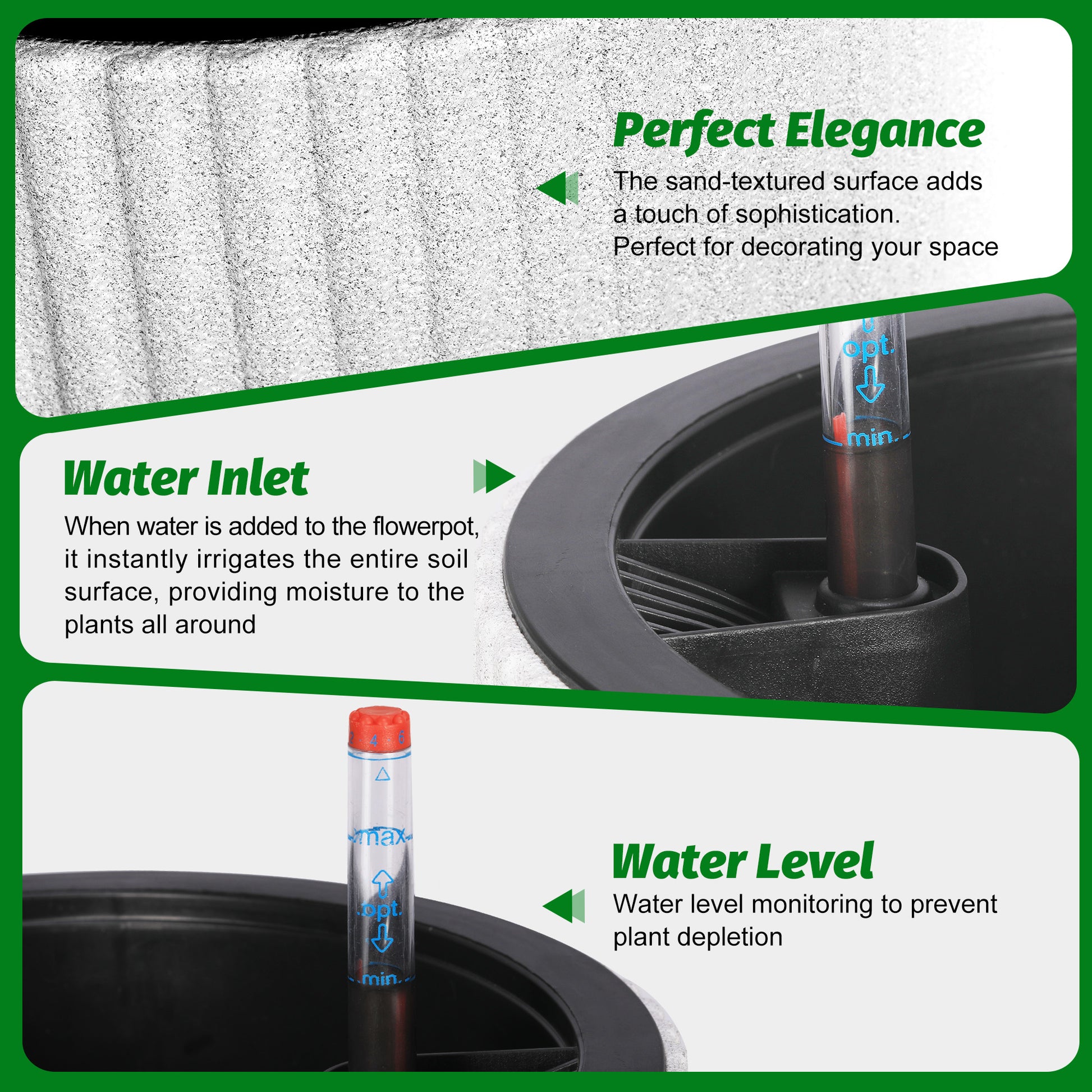 Garvee 14.2" Tall Planters Set of 2, Self Watering Plant Pots with Water Level Monitor and Built-In Drainage, for Patio, Porch, Living Room, or Home Office