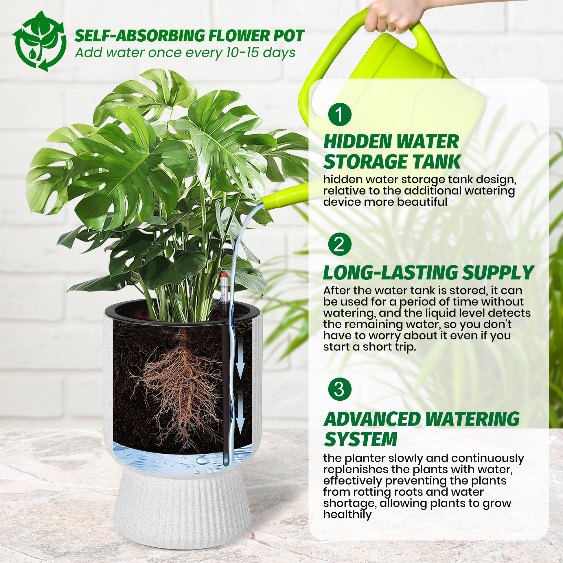 Garvee 14.2" Tall Planters Set of 2, Self Watering Plant Pots with Water Level Monitor and Built-In Drainage, for Patio, Porch, Living Room, or Home Office