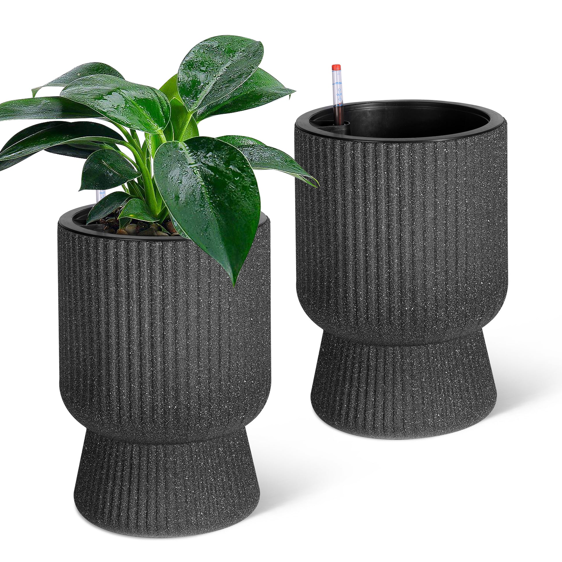 Garvee 14.2" Tall Planters Set of 2, Self Watering Plant Pots with Water Level Monitor and Built-In Drainage, for Patio, Porch, Living Room, or Home Office