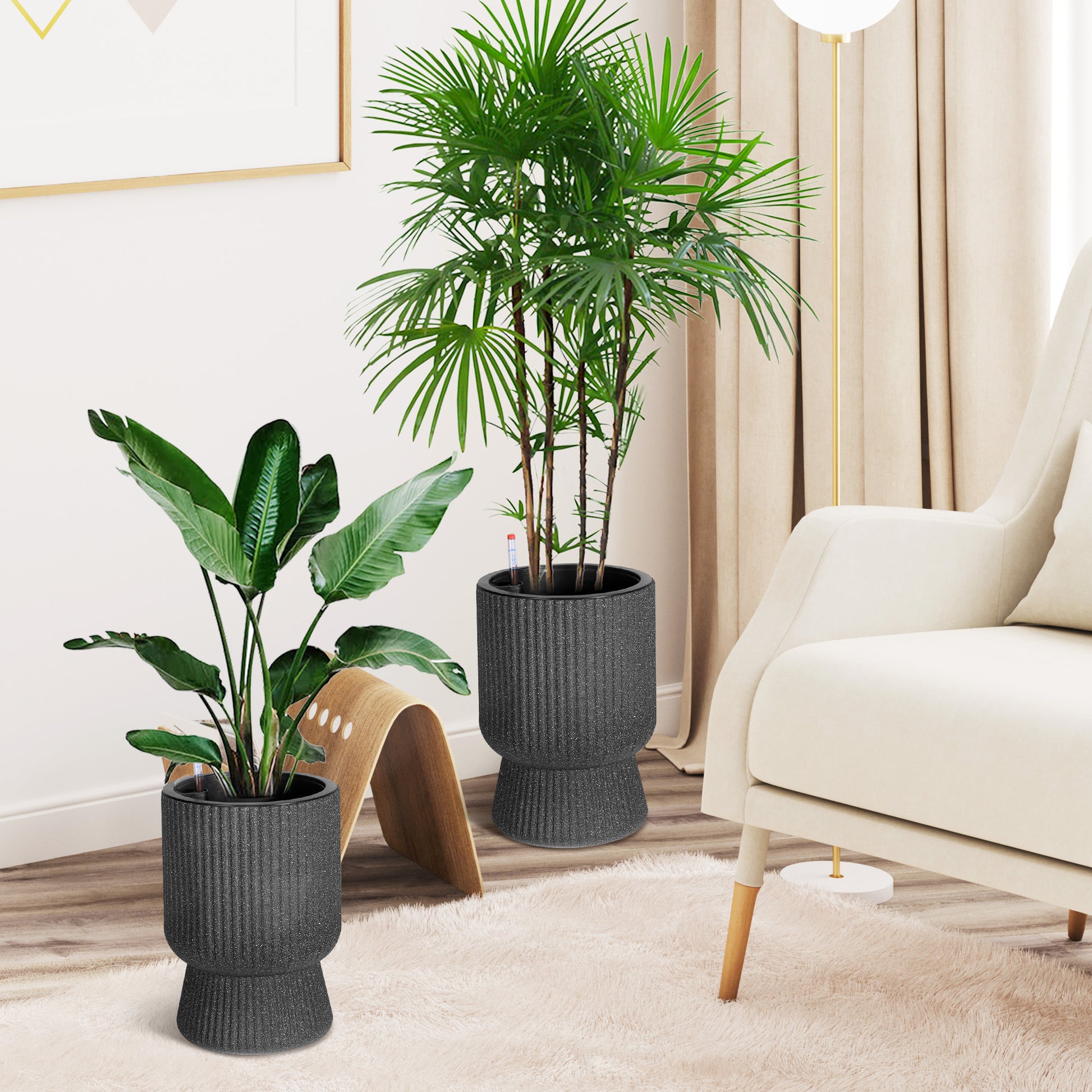 indoor plants in tall pots Garvee 14.2" Tall Planters Set of 2, Self Watering Plant Pots with Water Level Monitor and Built-In Drainage, for Patio, Porch, Living Room, or Home