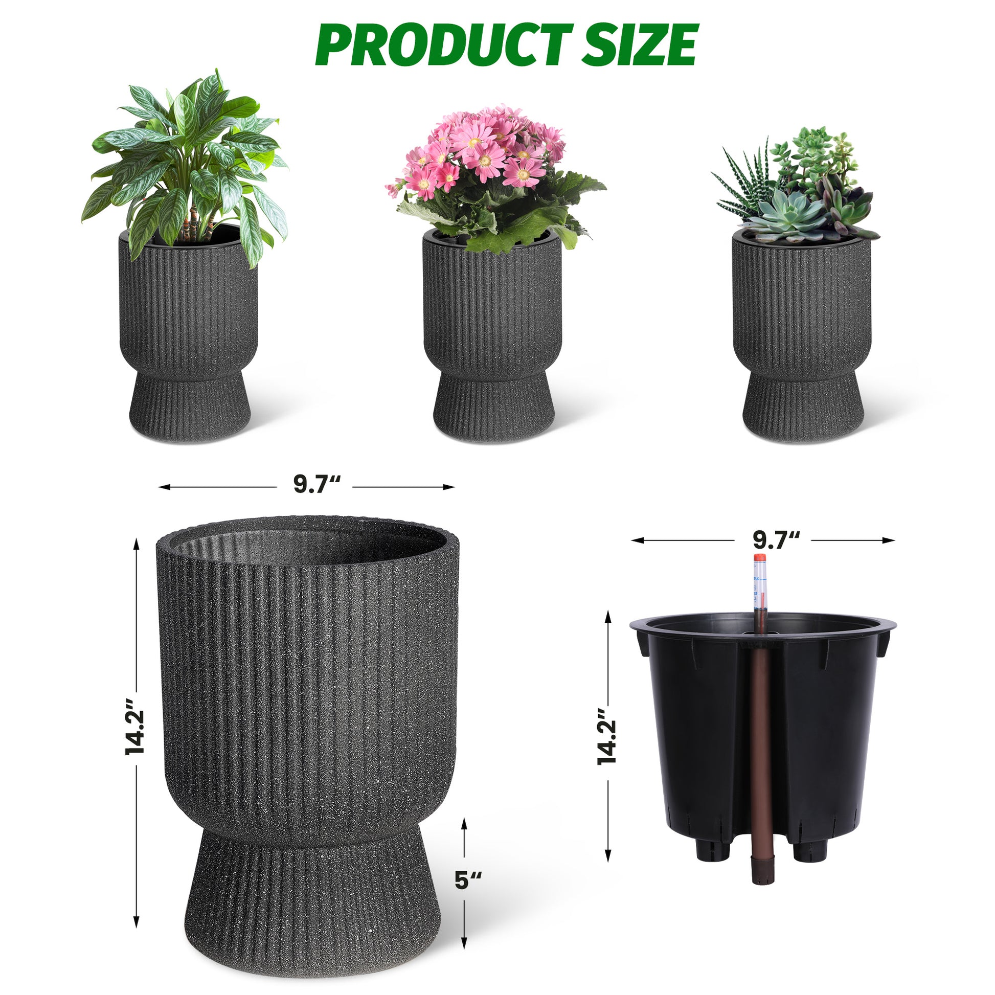 Garvee 14.2" Tall Planters Set of 2, Self Watering Plant Pots with Water Level Monitor and Built-In Drainage, for Patio, Porch, Living Room, or Home Office