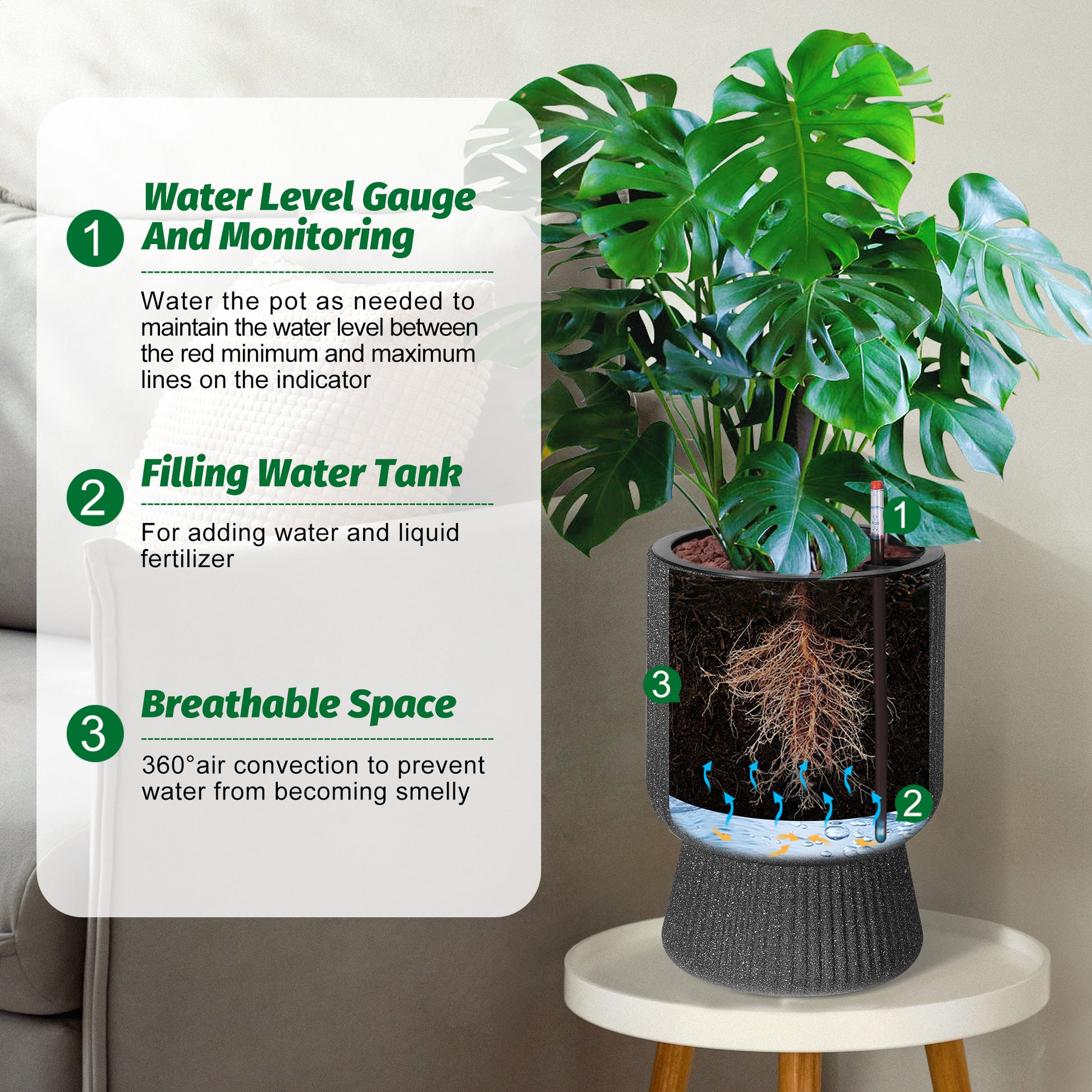 Garvee 14.2" Tall Planters Set of 2, Self Watering Plant Pots with Water Level Monitor and Built-In Drainage, for Patio, Porch, Living Room, or Home Office