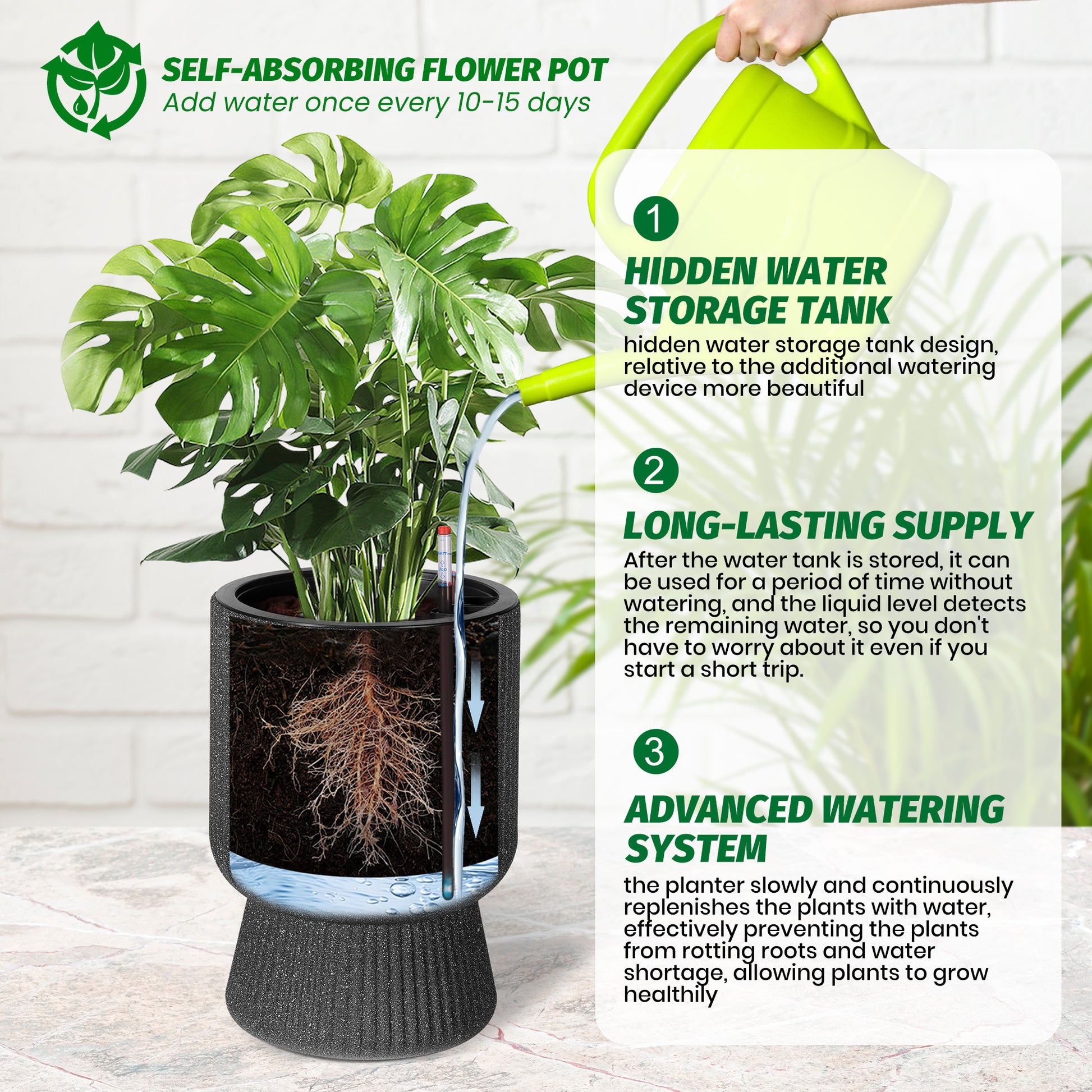 Garvee 14.2" Tall Planters Set of 2, Self Watering Plant Pots with Water Level Monitor and Built-In Drainage, for Patio, Porch, Living Room, or Home Office
