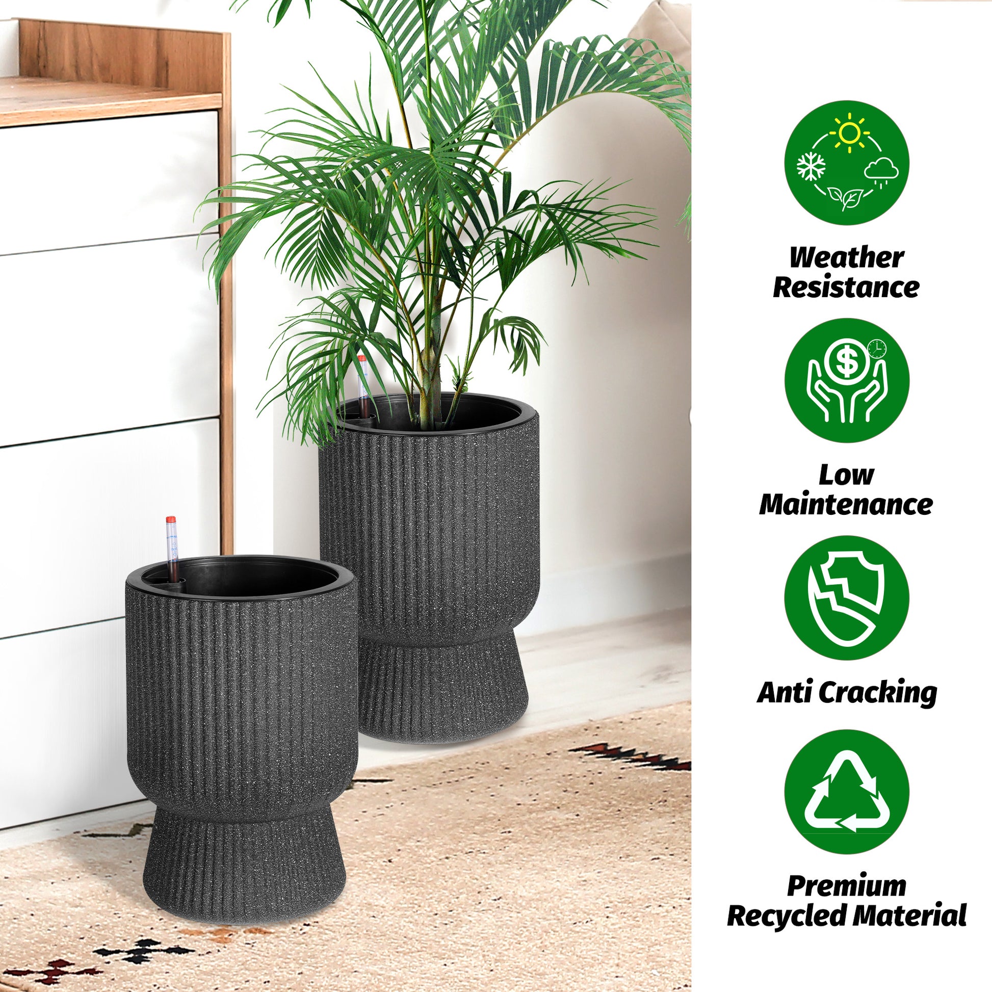 Garvee 14.2" Tall Planters Set of 2, Self Watering Plant Pots with Water Level Monitor and Built-In Drainage, for Patio, Porch, Living Room, or Home Office