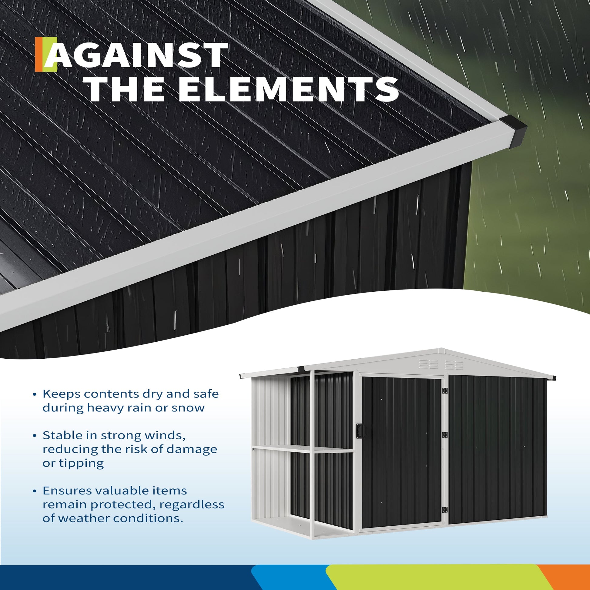 Garvee 8' x 4' Outdoor Metal Storage Shed with Sloping Roof, Lockable Door, 2-Tier Shelves, Firewood Storage, Black and White, Backyard Patio Garage