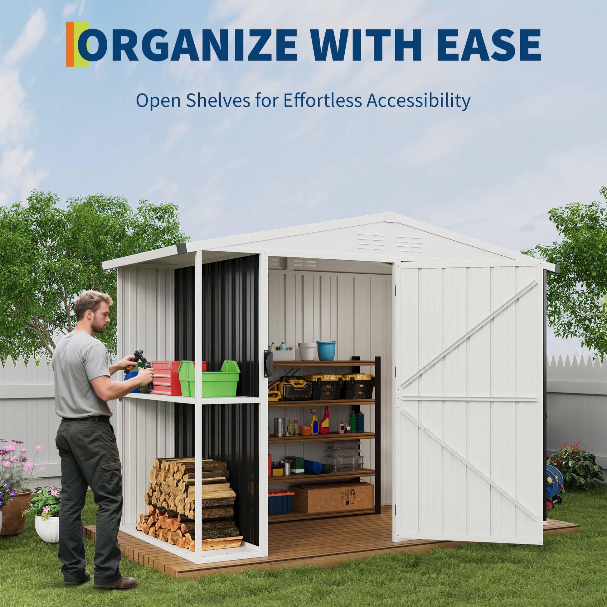 Garvee 8' x 4' Outdoor Metal Storage Shed with Sloping Roof, Lockable Door, 2-Tier Shelves, Firewood Storage, Black and White, Backyard Patio Garage