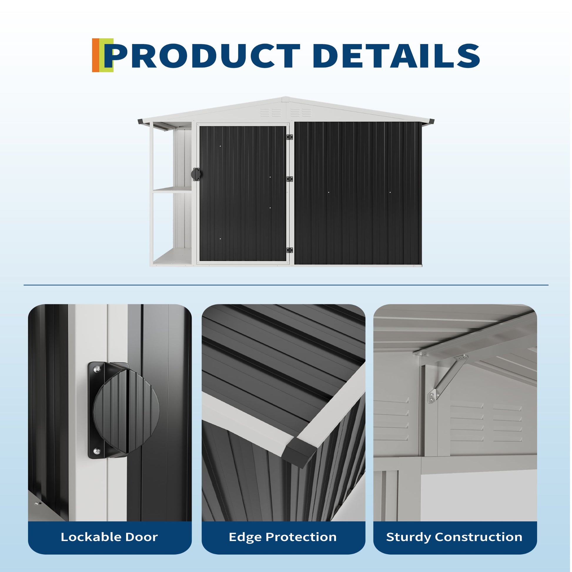 Garvee 8' x 4' Outdoor Metal Storage Shed with Sloping Roof, Lockable Door, 2-Tier Shelves, Firewood Storage, Black and White, Backyard Patio Garage