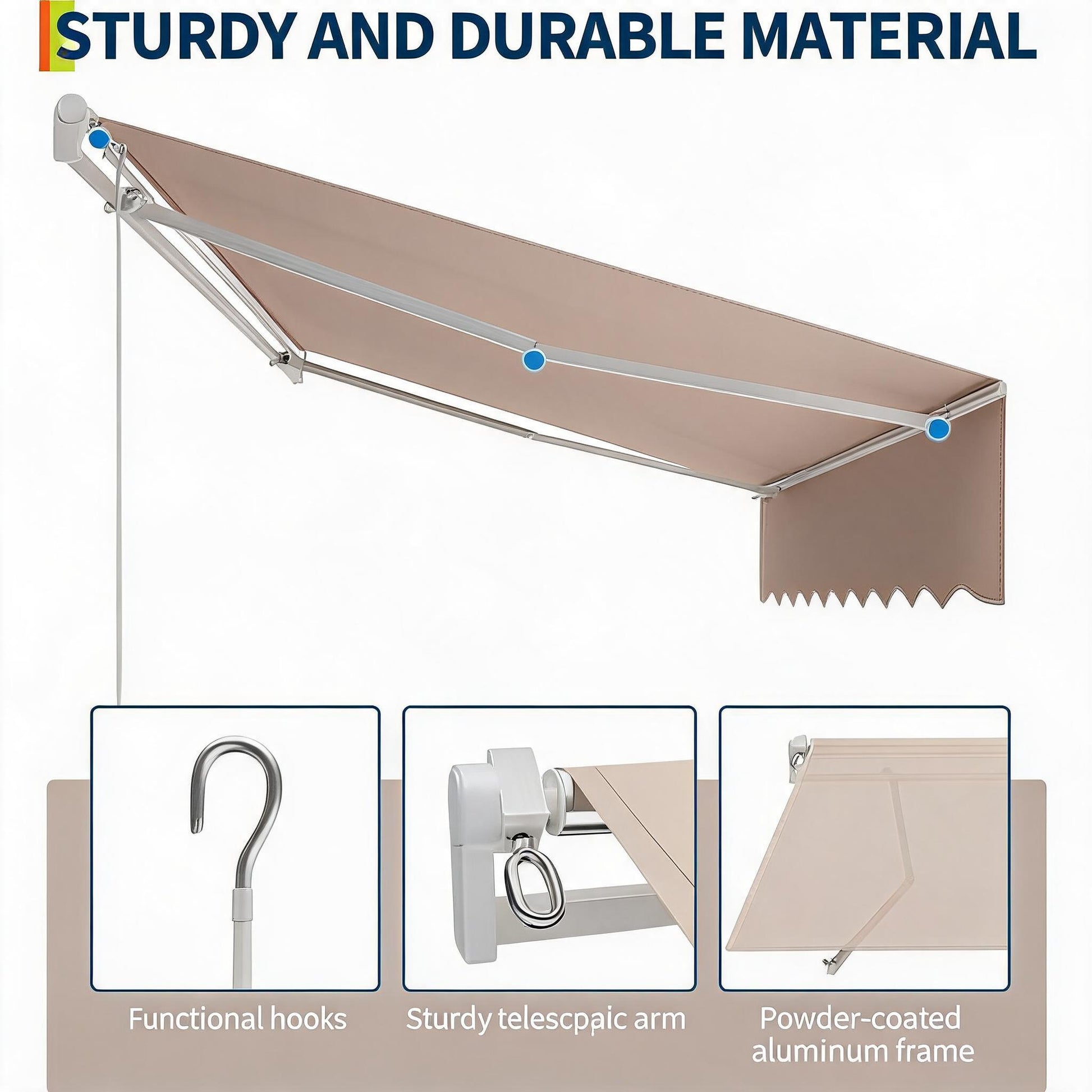 Garvee 13' x 10' Manual Retractable Awning, Waterproof Patio Sun Shade with Heavy-Duty Aluminum Frame, 280g Polyester Roll Out Canopy for Deck & Porch, Khaki