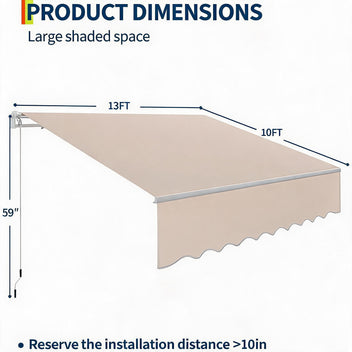 Garvee 13' x 10' Manual Retractable Awning, Waterproof Patio Sun Shade with Heavy-Duty Aluminum Frame, 280g Polyester Roll Out Canopy for Deck & Porch, Khaki