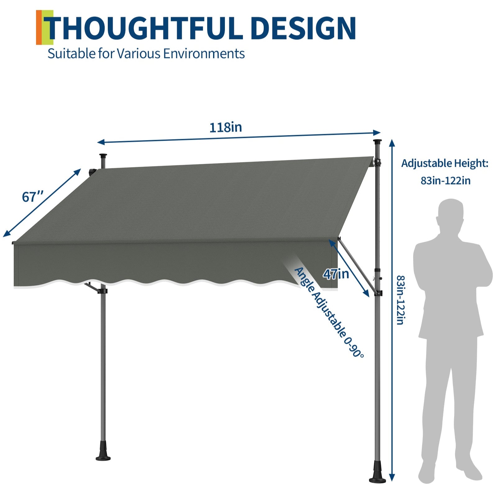Garvee Retractable Awning Grey - Sun Protection & Easy Operation - Durable Fabric - Outdoor Patio & Backyard Use