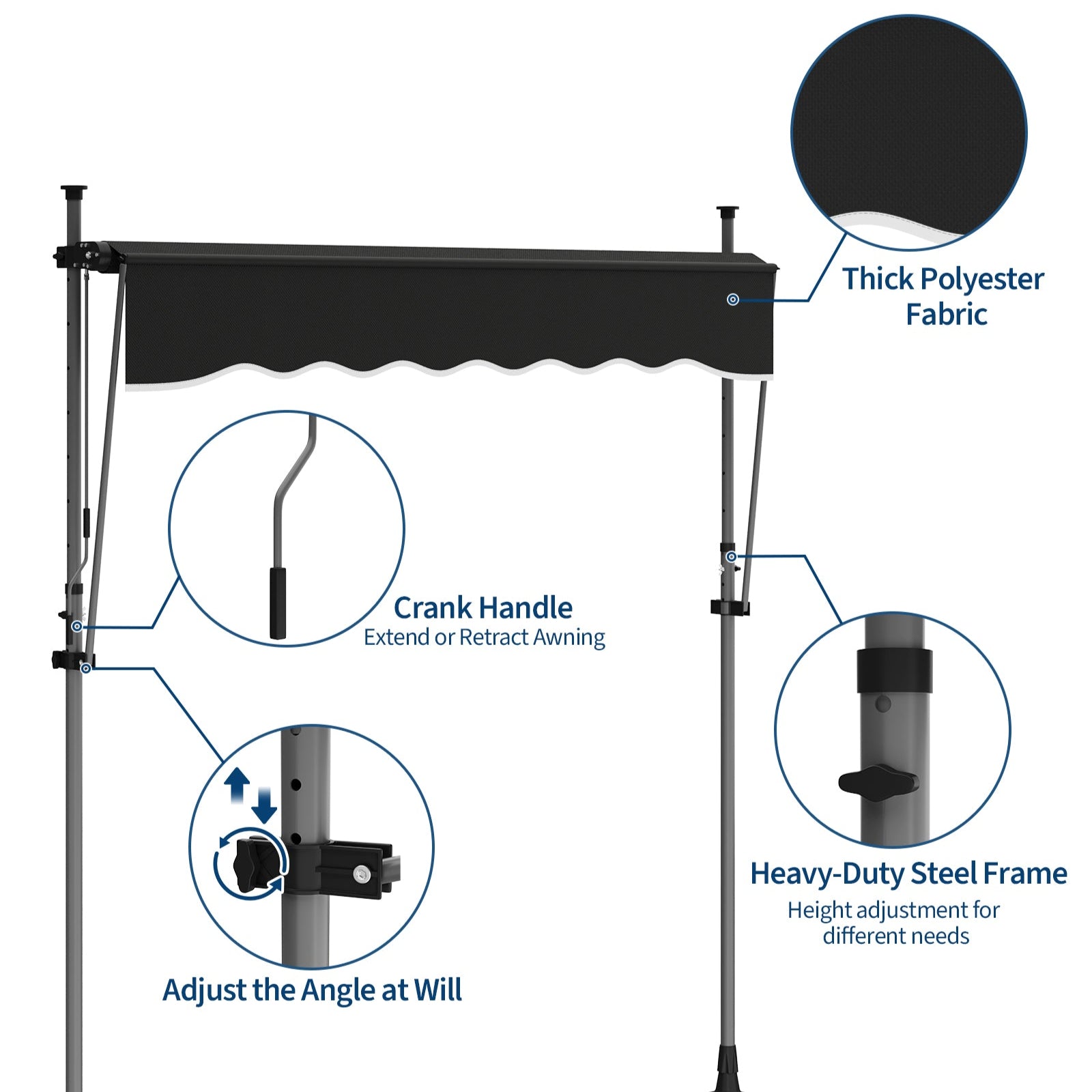 Garvee Manual Retractable Patio Awning 118'' Adjustable Height & Angle Aluminum Frame UV Protection Water Resistant Black Outdoor Shade
