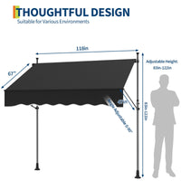 Garvee Manual Retractable Patio Awning 118'' Adjustable Height & Angle Aluminum Frame UV Protection Water Resistant Black Outdoor Shade