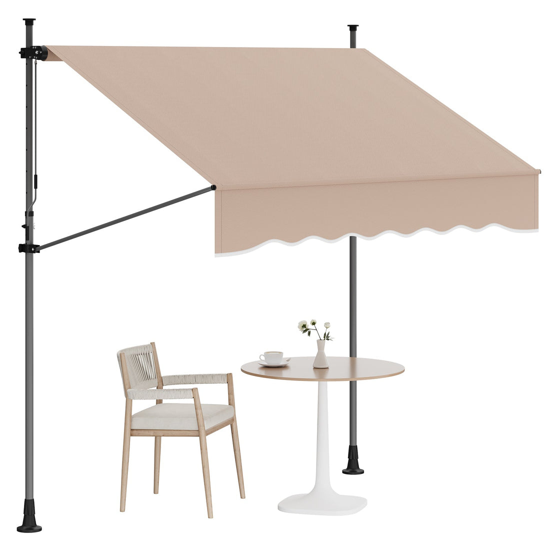 Garvee Manual Retractable Patio Awning 118x118'' Adjustable Height & Angle Aluminum Frame UV & Water Resistant Polyester Outdoor Sunshade Beige for Decks & Balconies
