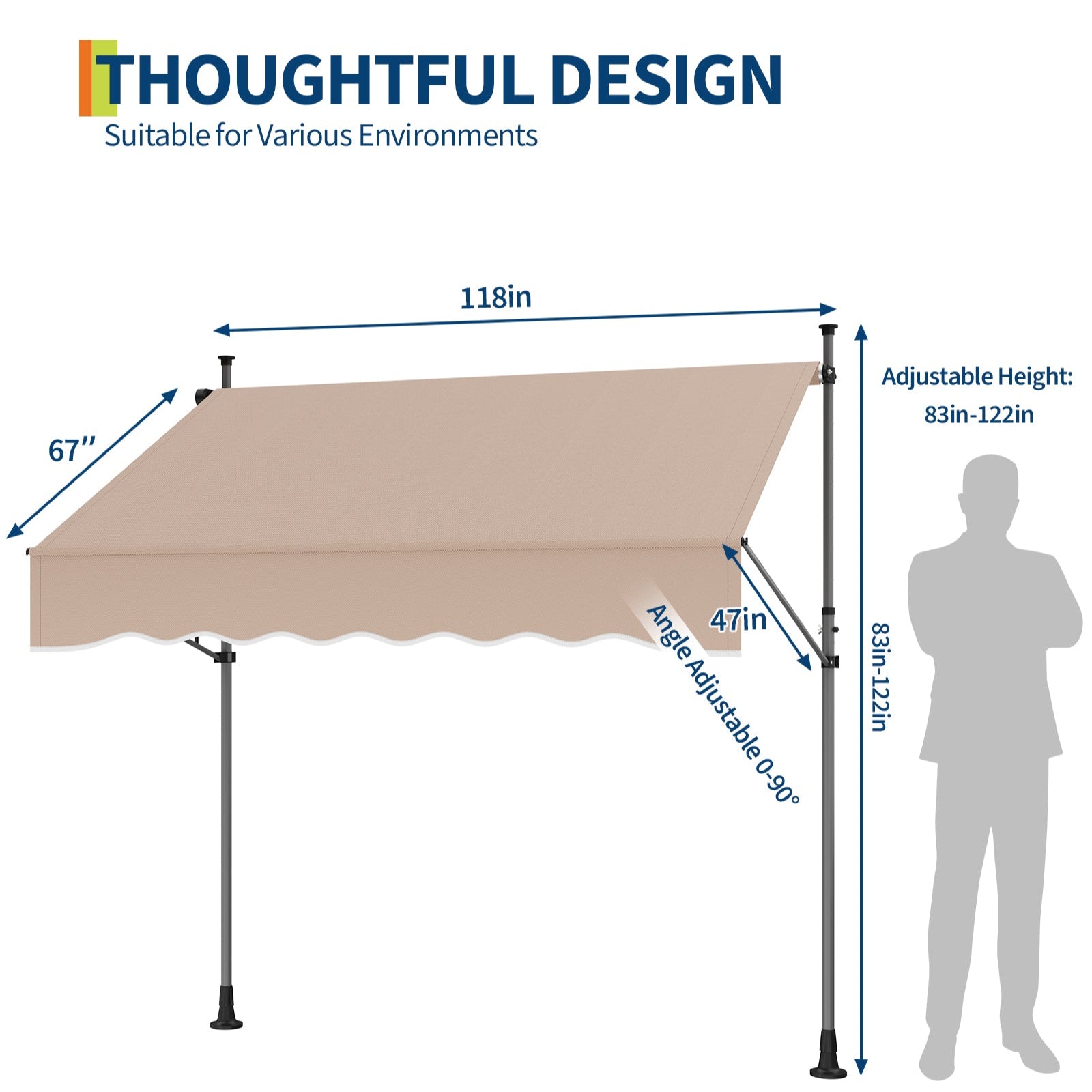 Garvee 118"x118" Retractable Patio Awning, Manual Outdoor Sunshade, Adjustable Height & Angle, UV & Water Resistant, Aluminum Frame for Deck & Balcony