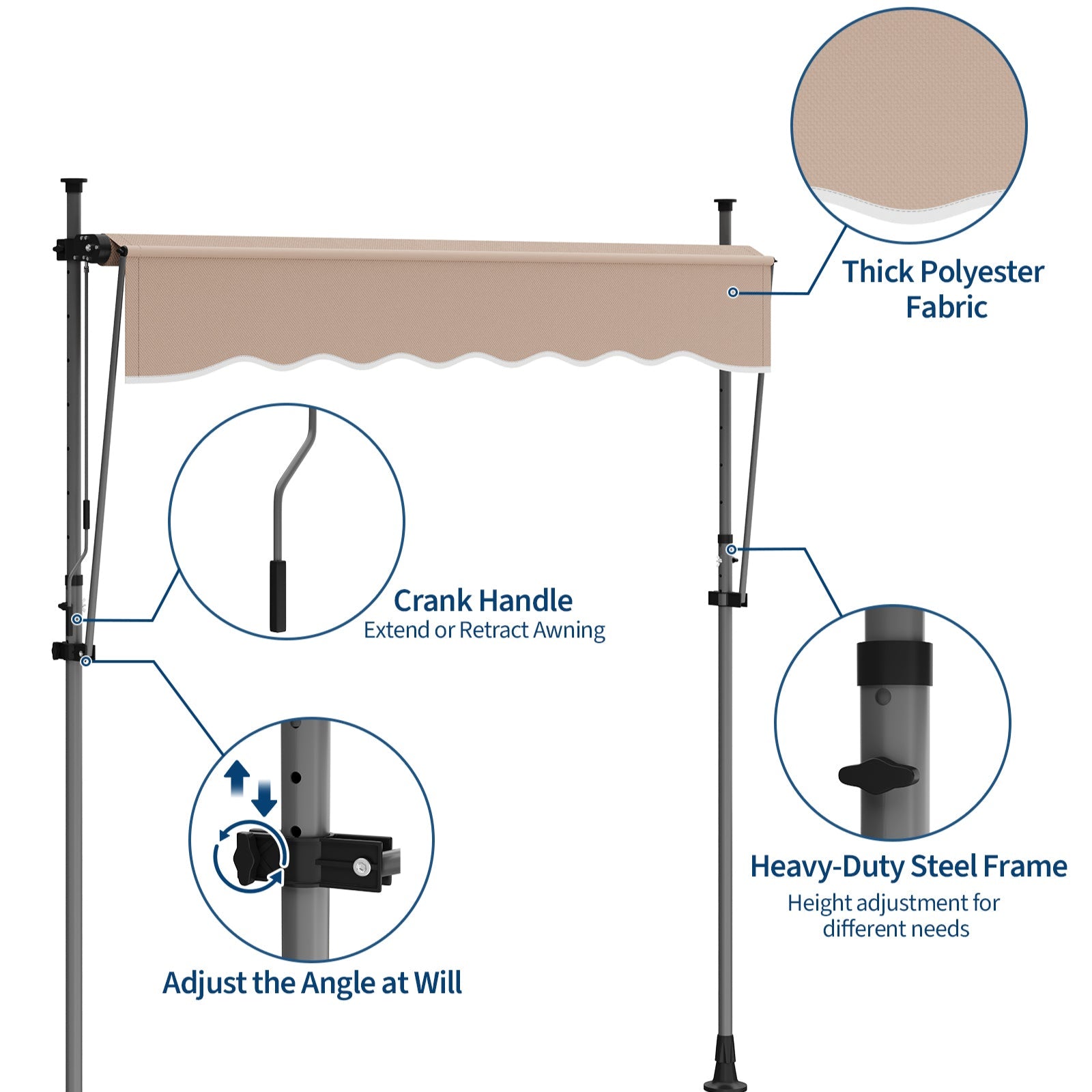 Garvee 118"x118" Retractable Patio Awning, Manual Outdoor Sunshade, Adjustable Height & Angle, UV & Water Resistant, Aluminum Frame for Deck & Balcony