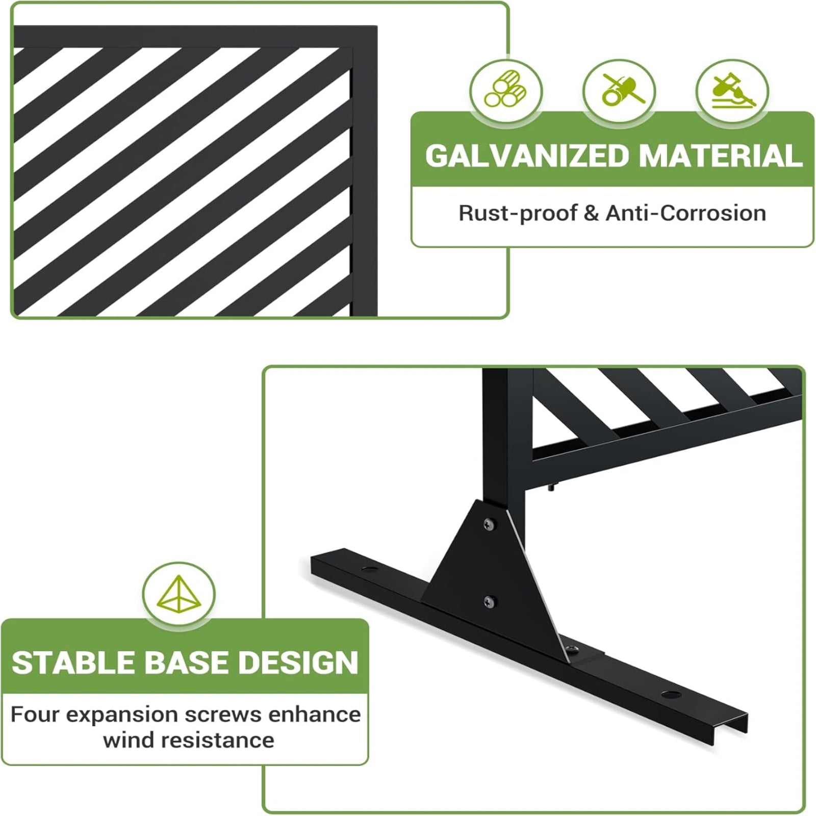 Garvee 70.1" H×35.4" W Metal Privacy Screen, Freestanding Outdoor Privacy Screen with Stable Base for Deck, Porch, Patio, Outdoor and Balcony (Consists of 4 Panels), Black