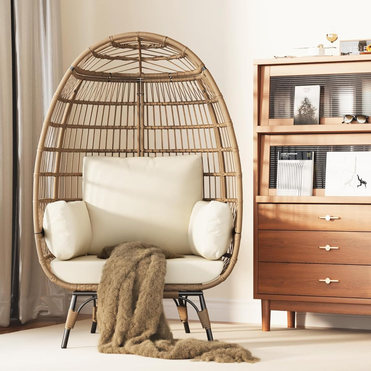 Garvee Wicker Egg Chair, Egg Basket Lounge Chair with Thick Cushion, Egg Shaped Seat with Metal Stand for Indoor Outdoor Patio Porch Backyard, Off-white