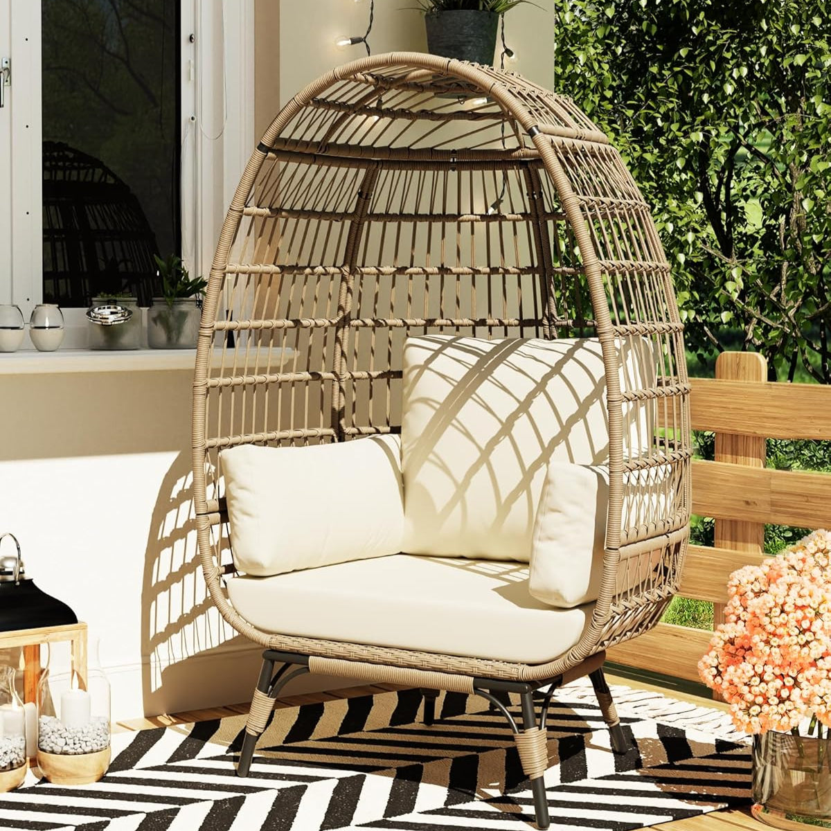 Garvee Wicker Egg Chair, Egg Basket Lounge Chair with Thick Cushion, Egg Shaped Seat with Metal Stand for Indoor Outdoor Patio Porch Backyard, Off-white