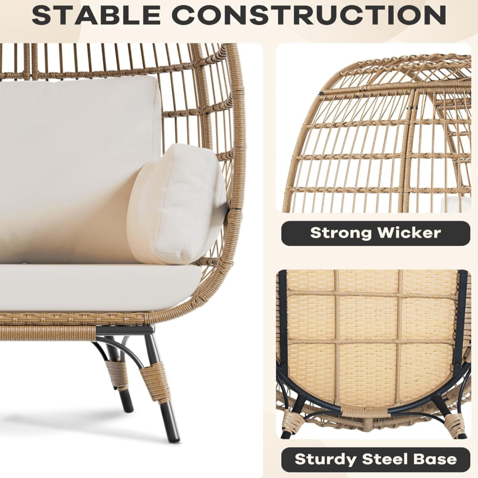 Garvee Wicker Egg Chair, Egg Basket Lounge Chair with Thick Cushion, Egg Shaped Seat with Metal Stand for Indoor Outdoor Patio Porch Backyard, Off-white
