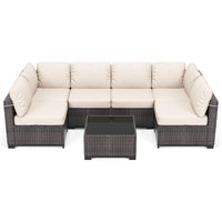 Garvee 7-Piece PE Rattan Outdoor Patio Set Modular Sectional Sofa Thick Cushions Glass Top Coffee Table Garden Balcony Porch