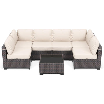 Garvee 7-Piece PE Rattan Outdoor Patio Set Modular Sectional Sofa Thick Cushions Glass Top Coffee Table Garden Balcony Porch