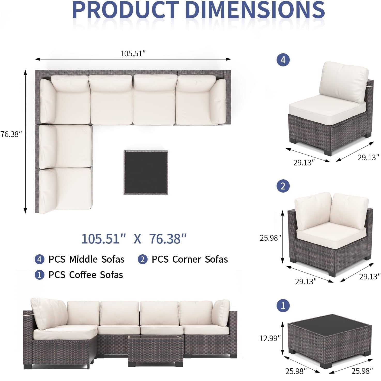 Garvee 7-Piece PE Rattan Outdoor Patio Set Modular Sectional Sofa Thick Cushions Glass Top Coffee Table Garden Balcony Porch