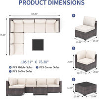 Garvee 7-Piece PE Rattan Outdoor Patio Set Modular Sectional Sofa Thick Cushions Glass Top Coffee Table Garden Balcony Porch