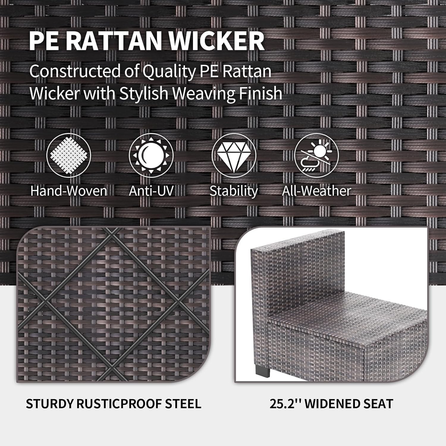 Garvee 7-Piece PE Rattan Outdoor Patio Set Modular Sectional Sofa Thick Cushions Glass Top Coffee Table Garden Balcony Porch