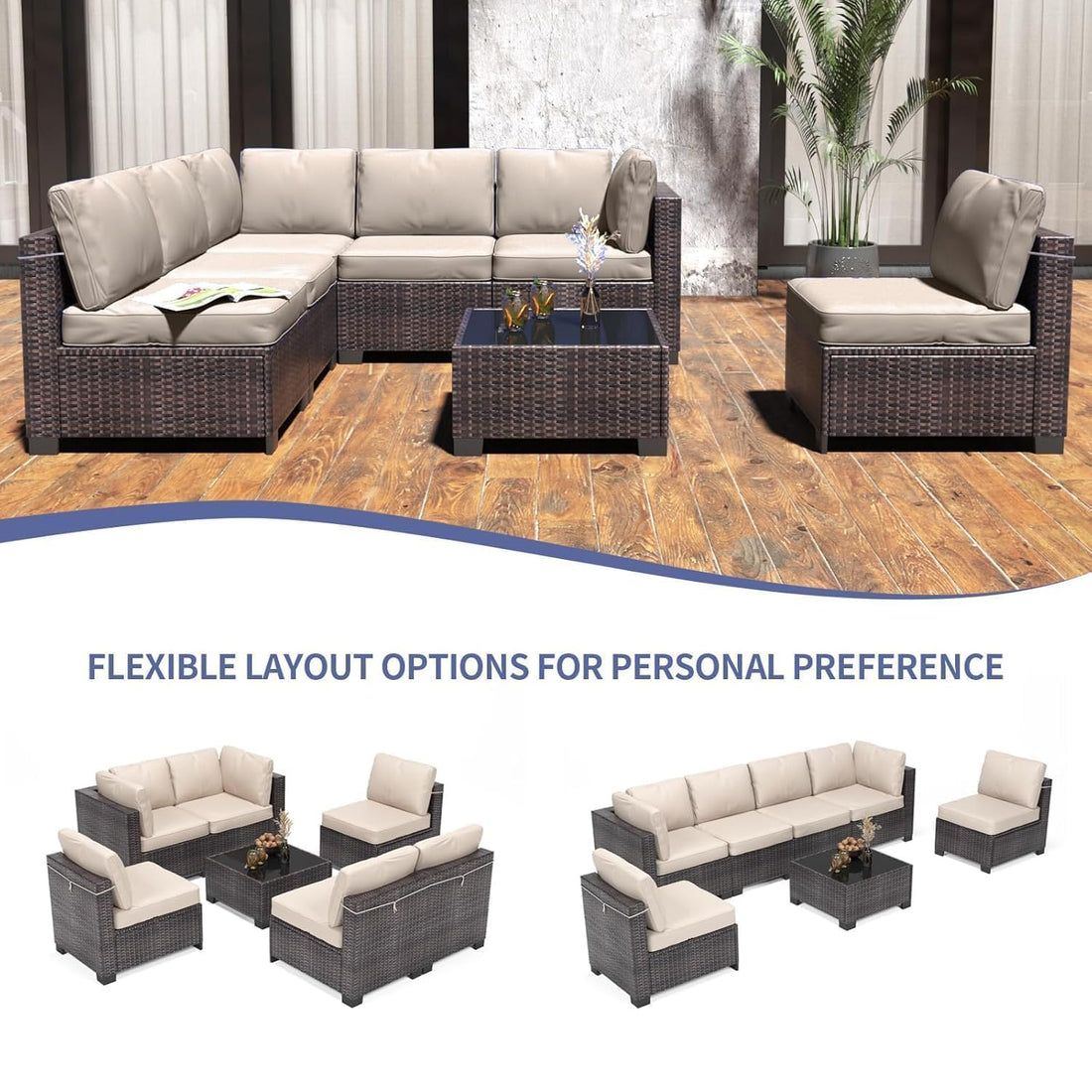 Garvee 7-Piece PE Rattan Outdoor Patio Set Modular Sectional Sofa Thick Cushions Glass Top Coffee Table Garden Balcony Porch