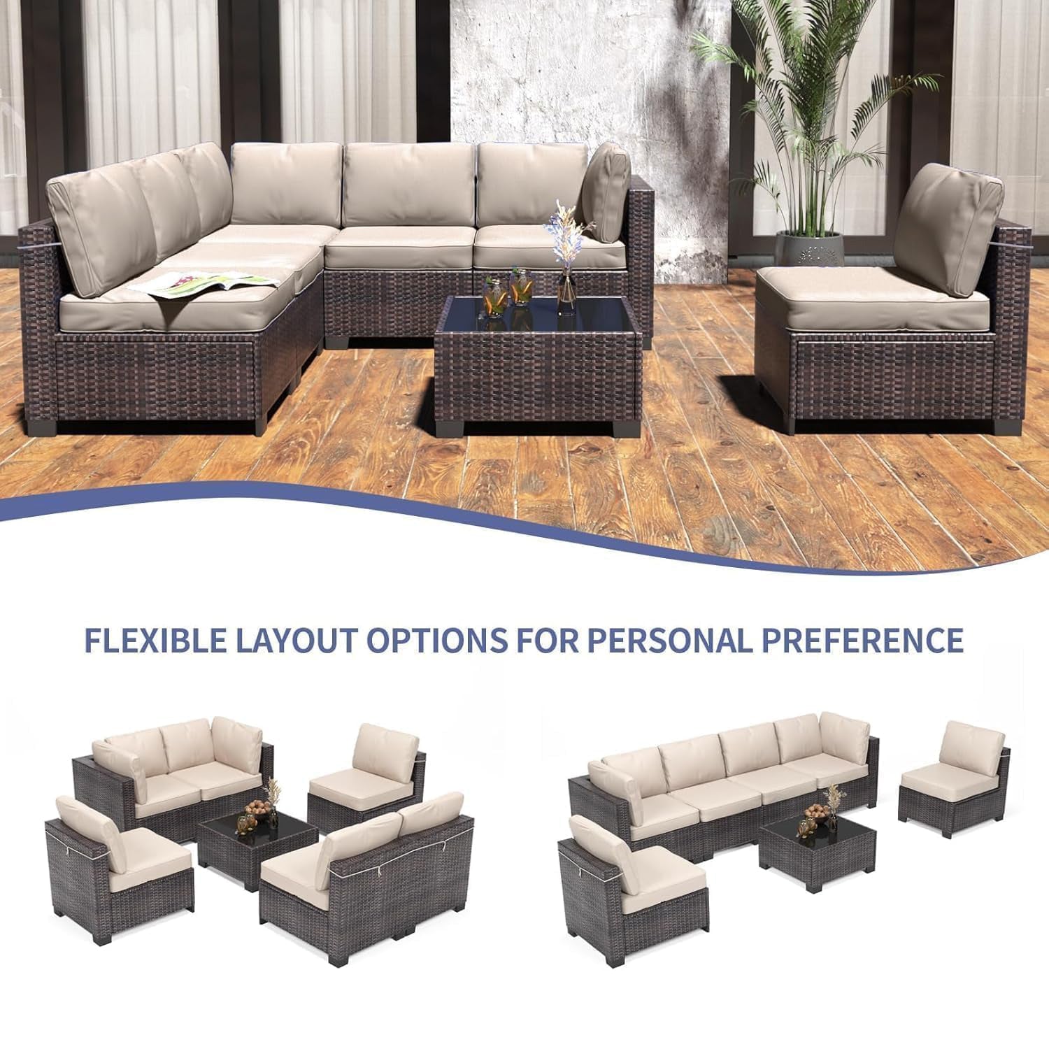 Garvee 7-Piece PE Rattan Outdoor Patio Set Modular Sectional Sofa Thick Cushions Glass Top Coffee Table Garden Balcony Porch