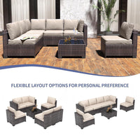 Garvee 7-Piece PE Rattan Outdoor Patio Set Modular Sectional Sofa Thick Cushions Glass Top Coffee Table Garden Balcony Porch