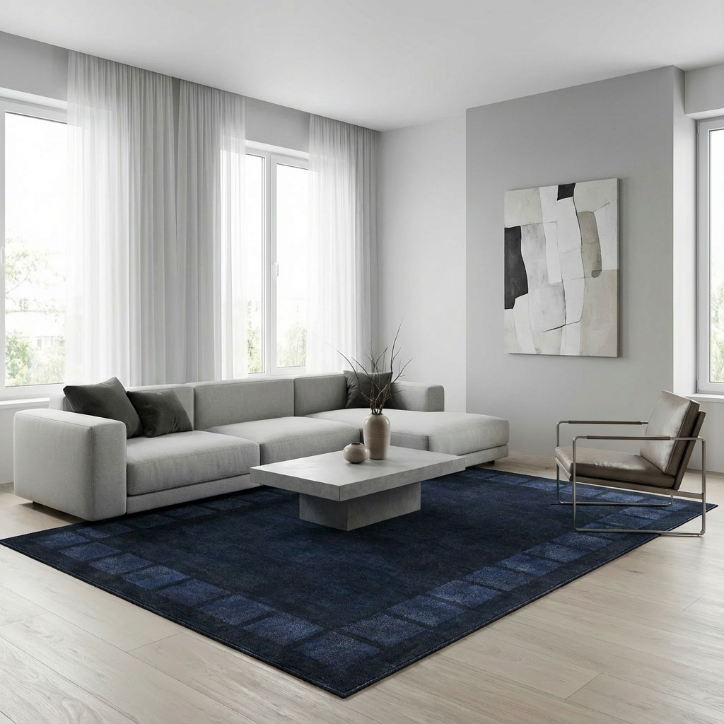 Garvee Modern Bordered Area Rug 6x9 Distressed Geometric Plaid Rug Non Slip Non Shedding Floor Carpet, Soft Thin Rug, Washable Low Pile Rug, Blue Printed Rug for Bedroom, Living Room