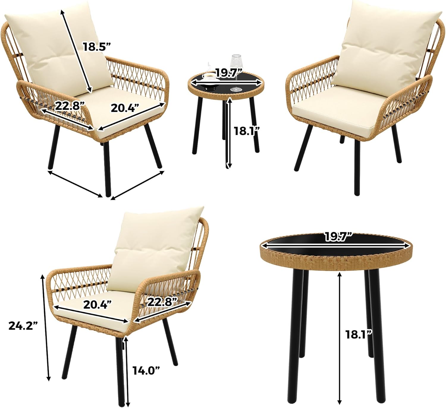 Garvee 3 Piece Outdoor Wicker Patio Bistro Set, Rattan Conversation Set with Glass Top Coffee Table and Cushioned Chairs, All-Weather Balcony Furniture Set for Poolside, Garden, Backyard, Beige