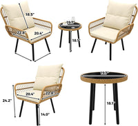 Garvee 3 Piece Outdoor Wicker Patio Bistro Set, Rattan Conversation Set with Glass Top Coffee Table and Cushioned Chairs, All-Weather Balcony Furniture Set for Poolside, Garden, Backyard, Beige